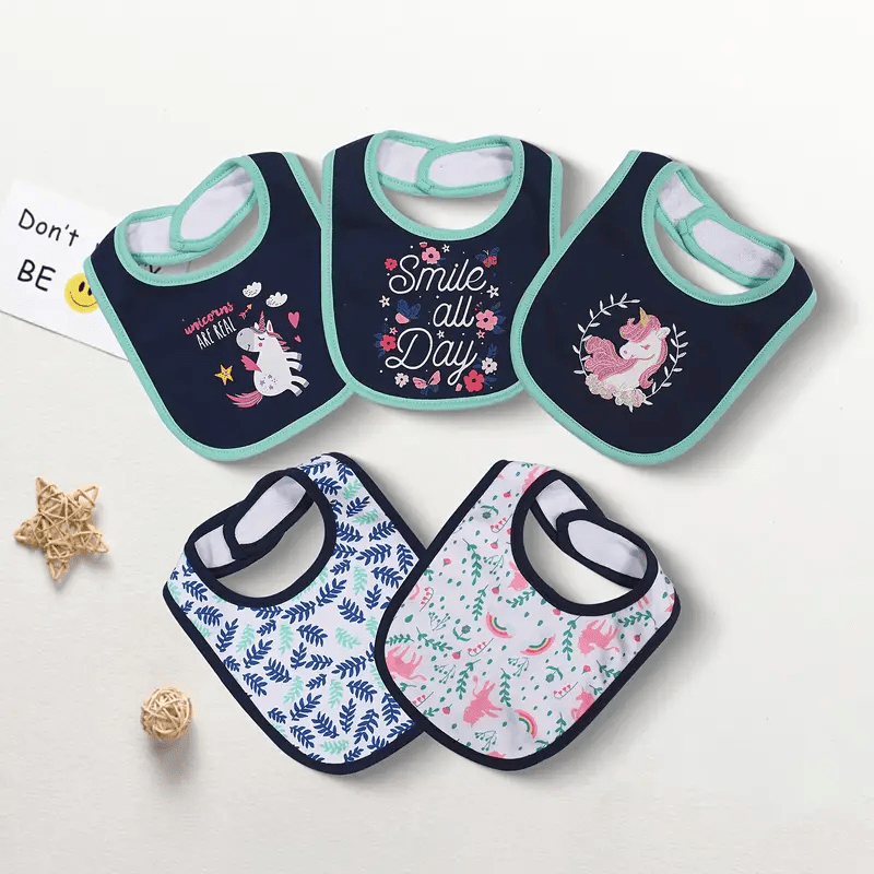 Kapital K 5pcs! Double - Layered Absorbent Cotton 5 - Piece Set with Cartoon Embroidery and Magic - Tape Adjustable Feeding Bibs for 0 - 3 Year - Olds, Boys & Girls