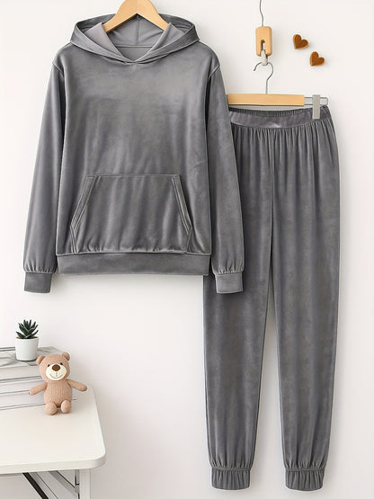 Lady Velvet 2pcs Set (Solid-color Long-sleeved Hooded Sweatshirt And Sweatpants Set) Soft Velvet Y Set for Casual Wear, Dress-up Set, Y Set