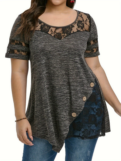 Plus Size - Plus Size - Women'S Plus Size Lace Trim Blouse Tops, Flattering V-Neck Tunic Shirt, Casual Dressy Elegant Tops, Flowy Tunic Top with Lace Sleeves, Comfort Stretch Blouse for Women, Loose Fit Shirt, Sizes XL-5X