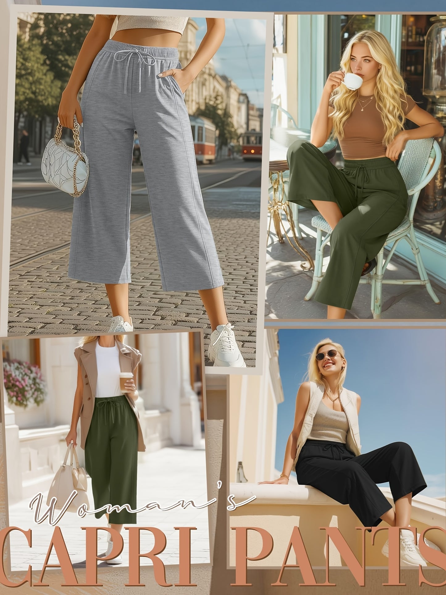 Plus Size, 3pcs Plus Size Women's Capri Pants, Wide Leg Basic Sweatpants Lounge Loose Fit Casual Drawstring Capris with Pockets