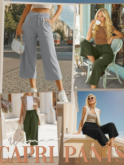 Plus Size, 3pcs Plus Size Women's Capri Pants, Wide Leg Basic Sweatpants Lounge Loose Fit Casual Drawstring Capris with Pockets