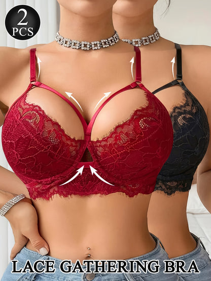2pcs Push Up Bras for Women - Lace Sheer Bralette with Crisscross Straps, Comfort Fit Seamless Underwire Everyday Lingerie