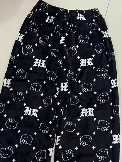 Sanrio KT Cat Pajama Pants for Women - 2pcs Sleepwear Set with Cute KT Cat Face & Full-Length Pants, Cozy Flannel Pajamas for s, - Nightwear ()