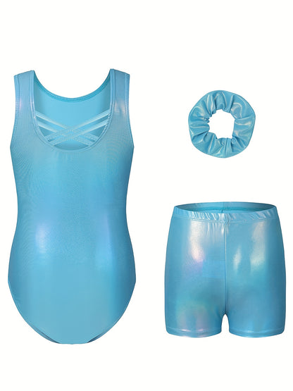 Girls' Sleeveless Gymnastics Bodysuit + Shorts + Headwear, Perfect for Outdoor