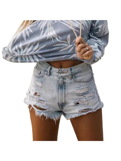 High Waisted Ripped Frayed Hem Denim Shorts for Women Distressed Stretch Fit Summer Casual Shorts with Tassel Detail