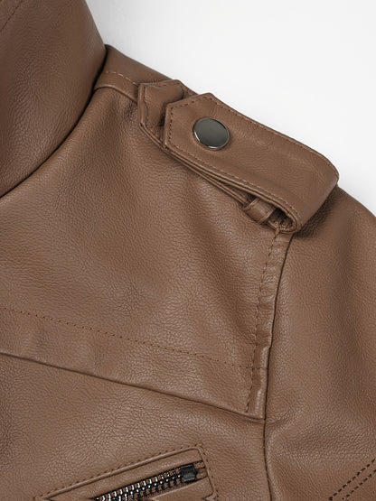 Women's Vintage-Style PU Leather Jacket - High Quality, Windproof, Tear- with Detachable Hood Casual Outdoor Riding Jacket