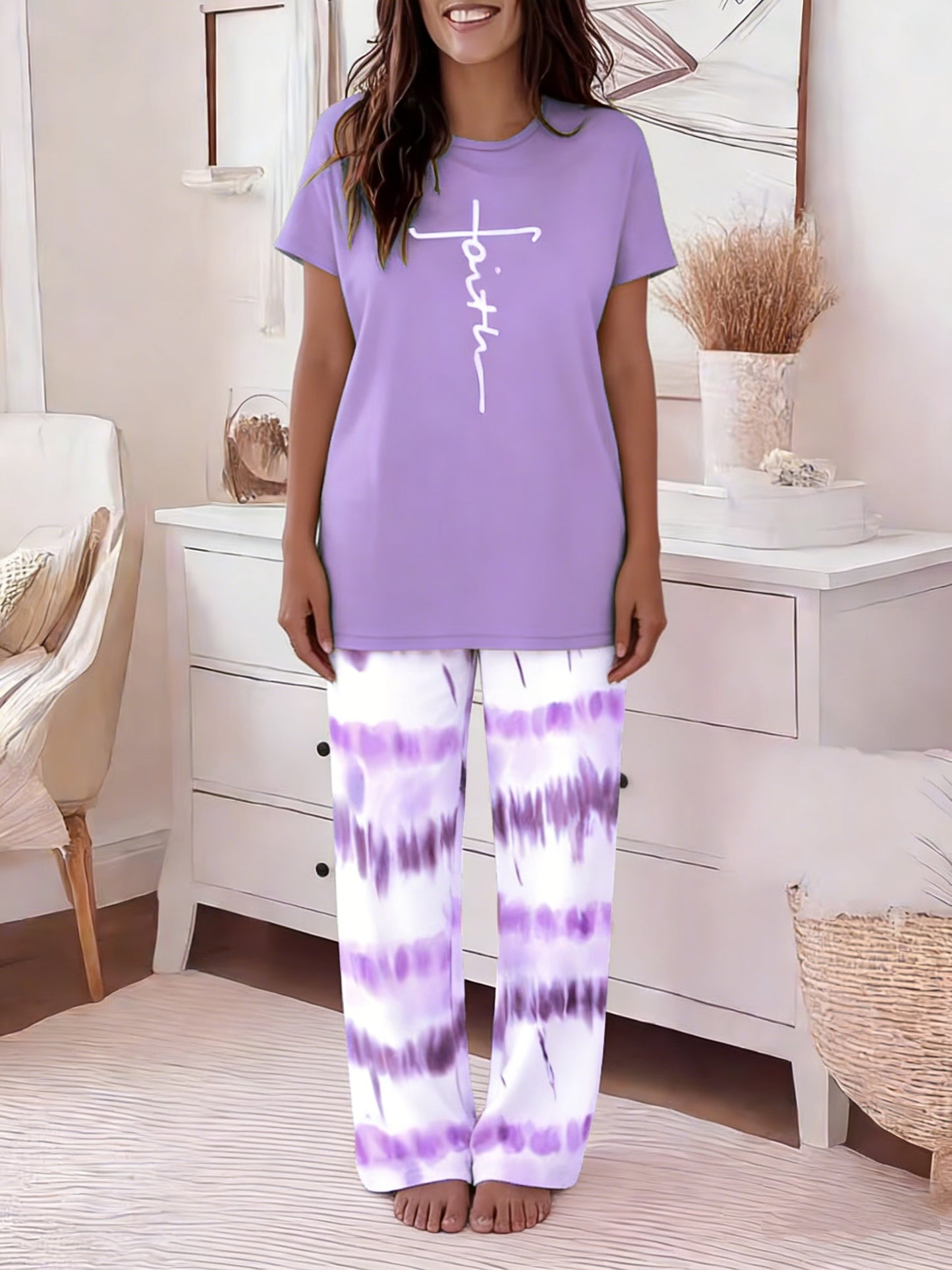 Round Neck Cross Printed Top Short-Sleeved Gradient Wide-Leg Pants Casual Loose Two-Piece Set
