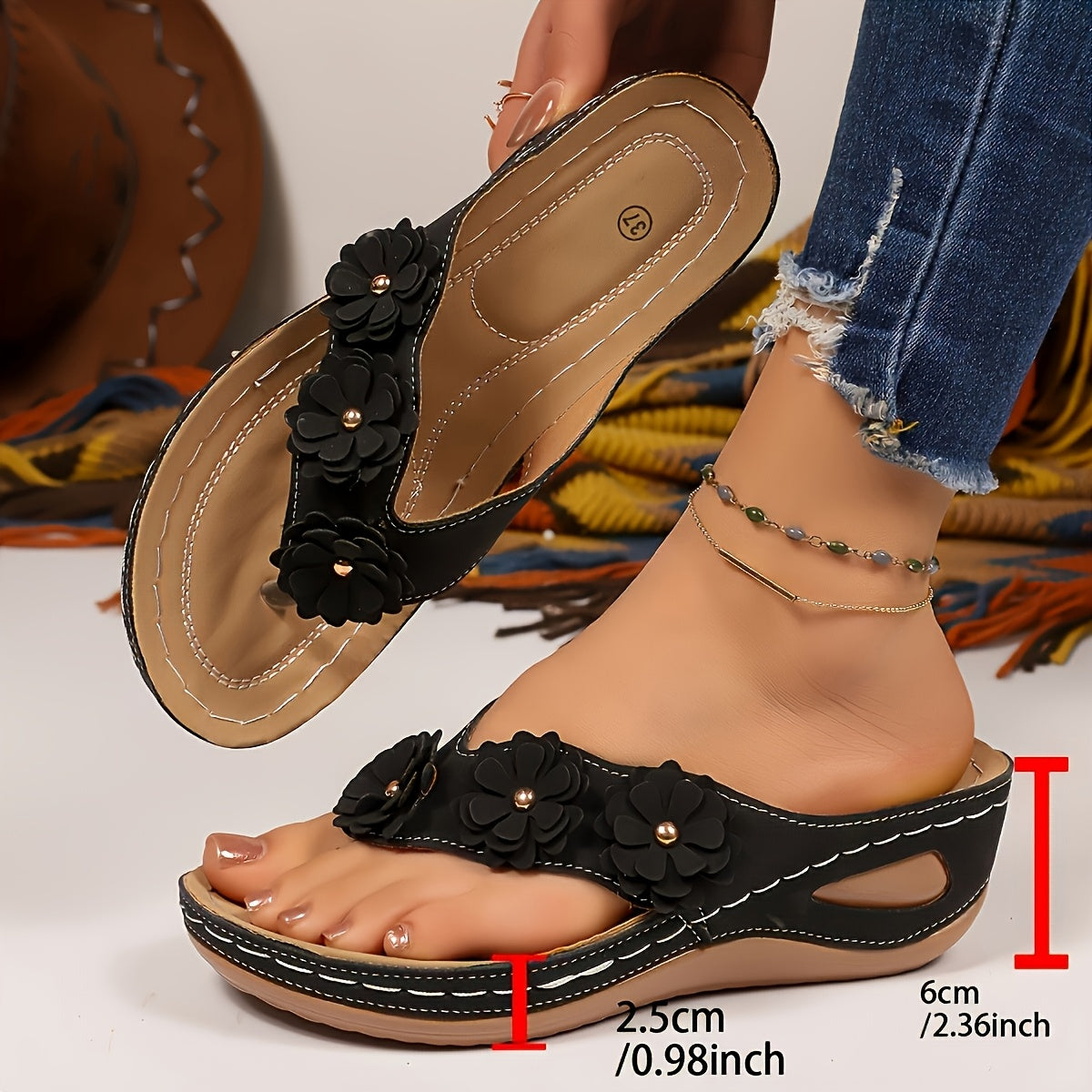 Women'S Fashion Slip-On Flip-Flops Casual Peep-Toe Flat with Floral Embellishment, Comfortable PU Sole, Suitable for All Seasons, Casual Shoes, Floral Embellished Sandals, Comfortable Shoes