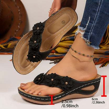 Women'S Fashion Slip-On Flip-Flops Casual Peep-Toe Flat with Floral Embellishment, Comfortable PU Sole, Suitable for All Seasons, Casual Shoes, Floral Embellished Sandals, Comfortable Shoes