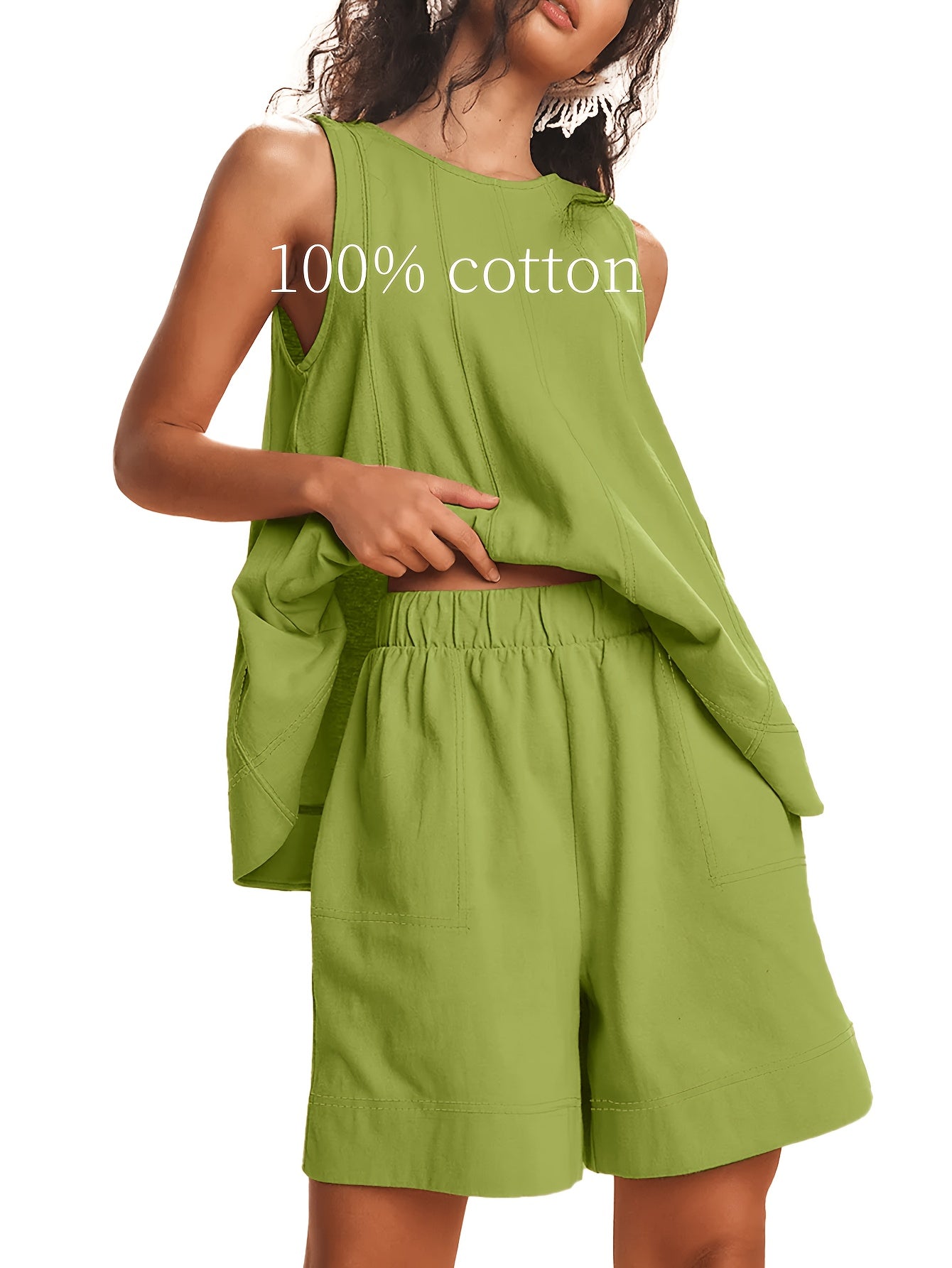 Womens 2pcs Outfits Sleeveless Matching Sets A Line Tank Tops Contrast Stitching High Waist Shorts with Pockets