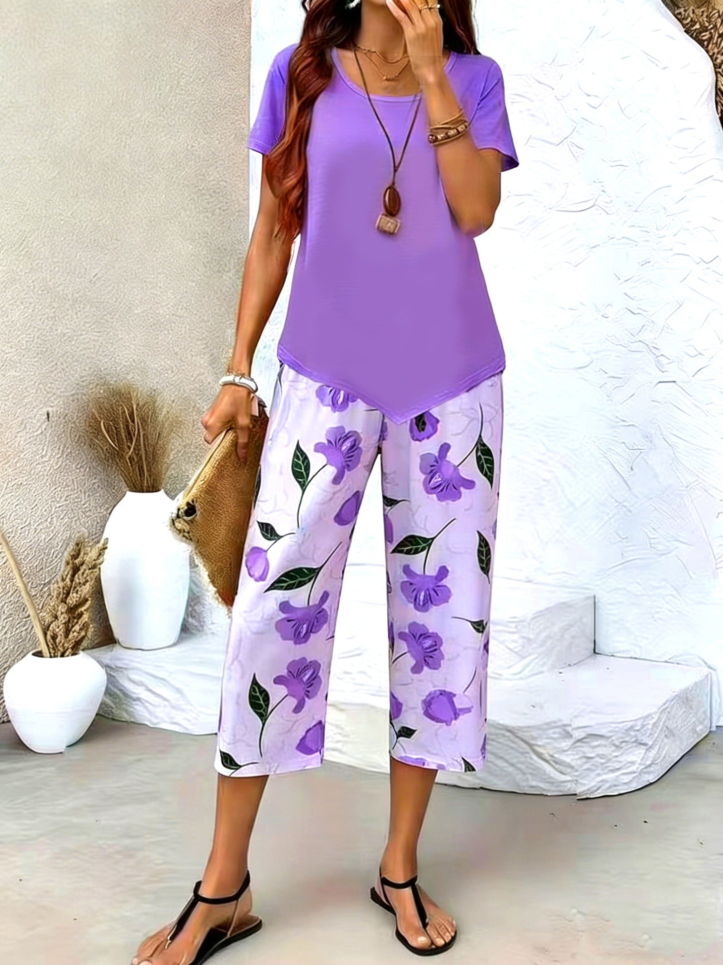 Women'S Spring/Summer Casual Two-Piece Set: Short Sleeve Round Neck Top with 7/8 Wide-Leg Pants, Loose Comfortable, Versatile for Daily Outings, Home, And Commuting