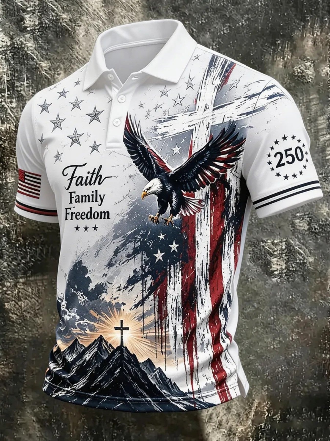 Men'S Christian Patriotic Polo Shirt Full Print Bald Eagle & Mountain Cross Sunrise, Faith Family Freedom Text, Vintage USA Flag, 250Th Surrounding Star Sleeve Patch Sport Golf Tee
