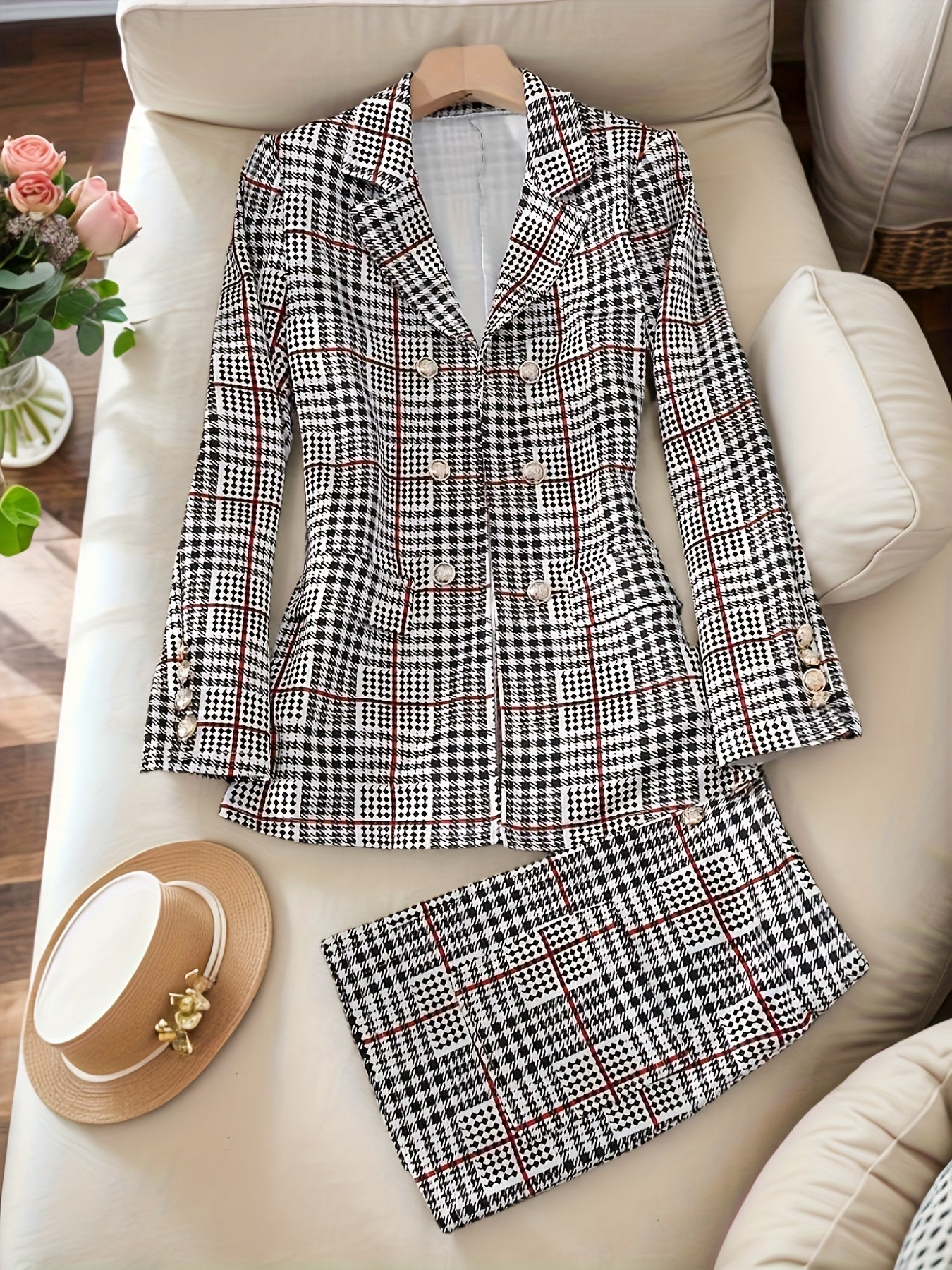 Plaid Pattern Button Elegant Skirt Set, Lapel Collar Long Sleeve Blazer & High Waist Skirt Outfits for Spring & Fall, Women's Clothing