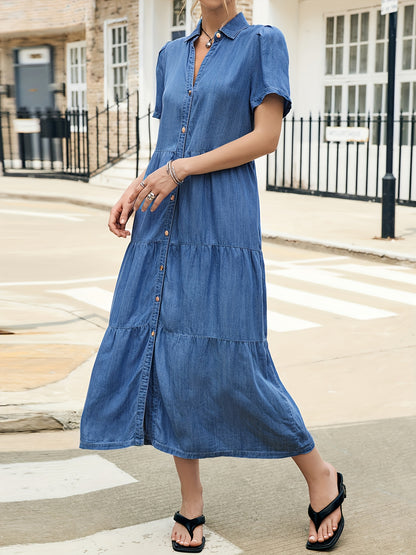 Women'S Light Blue Lyocell Denim Dress - Elegant V-Neck Short Sleeve Multi-Tiered Ruffled Hem Casual Vacation Dress, Machine Washable Regular Fit All-Season Wear