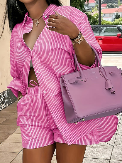 Plus Size Women's Chic Striped Print Two-Piece Set-Long Sleeve Button Shirt and Elastic Waist Shorts with Pockets, Perfect for Spring and Summer Fashion Casual Outings