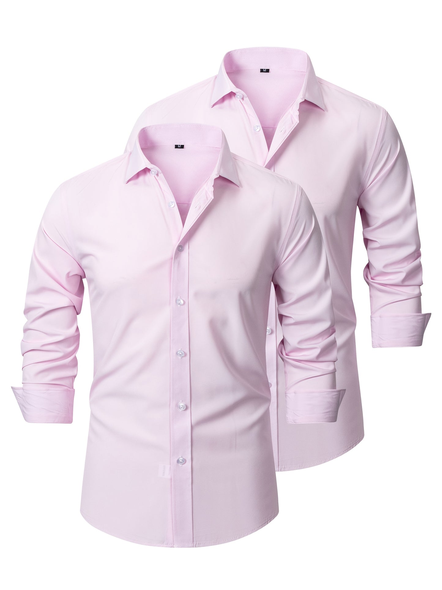 2pcs Men's Long Sleeve Dress Shirts - Elegant White, Stretchy Fabric, Business Casual, Unwrinkled, Single-Breasted with Lapel Collar, All-Season Wear, Casual Attire|Elegant Lapel Shirt|Stretchy Fabric