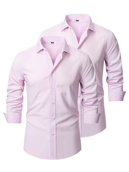 2pcs Men's Long Sleeve Dress Shirts - Elegant White, Stretchy Fabric, Business Casual, Unwrinkled, Single-Breasted with Lapel Collar, All-Season Wear, Casual Attire|Elegant Lapel Shirt|Stretchy Fabric
