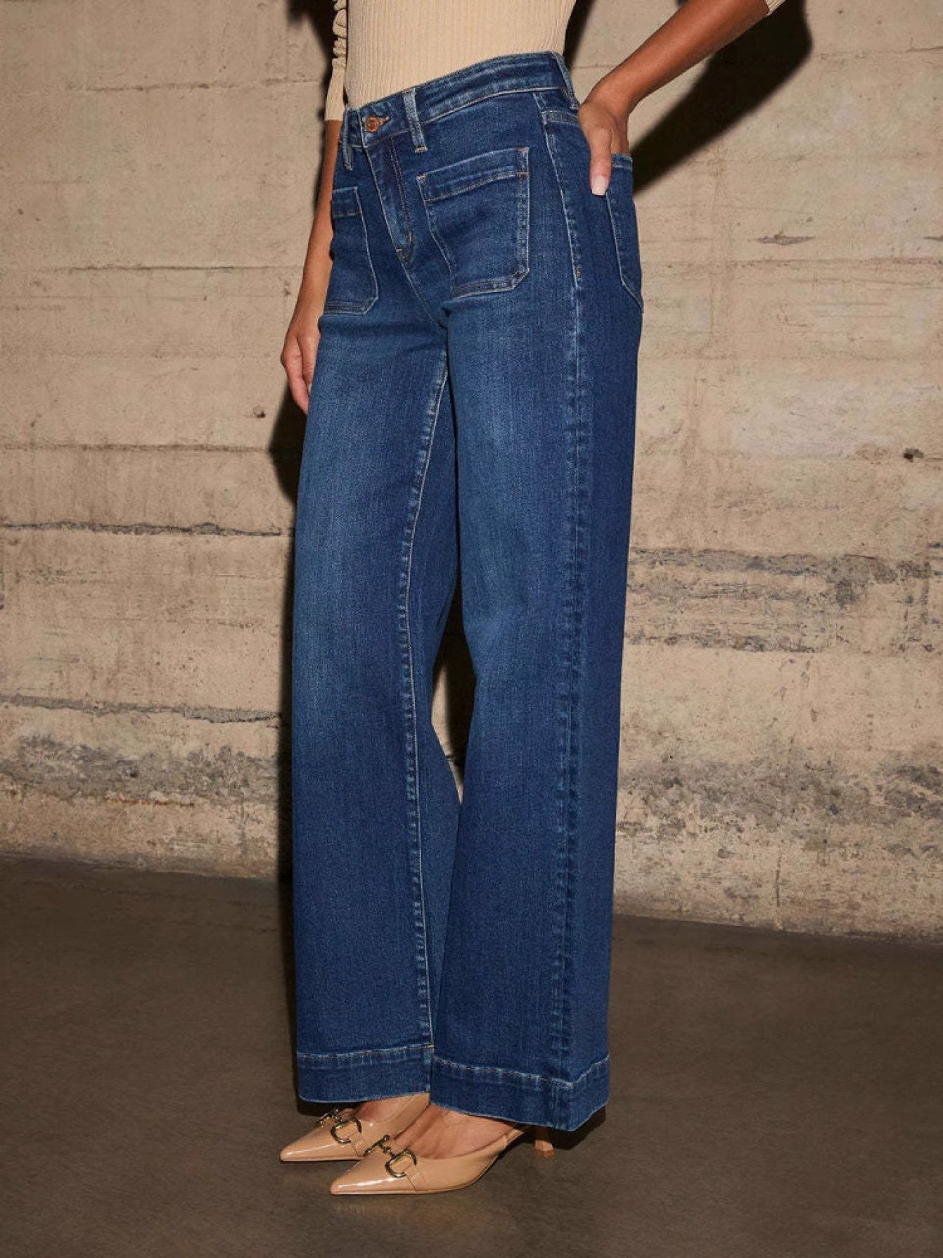 1pc Women'S High-Waist Wide-Leg Jeans, Vintage Wash Trousers with Pocket Detail, Trendy Loose-Fit Pants Casual Outfits