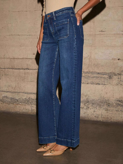 1pc Women'S High-Waist Wide-Leg Jeans, Vintage Wash Trousers with Pocket Detail, Trendy Loose-Fit Pants Casual Outfits