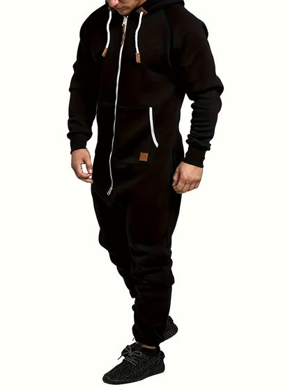 A Men's Hooded Fleece-lined Jumpsuit, Long Sleeve, Full Zip Jumpsuit with Kangaroo Pocket, Suitable for Spring Travel And Seaside Trips