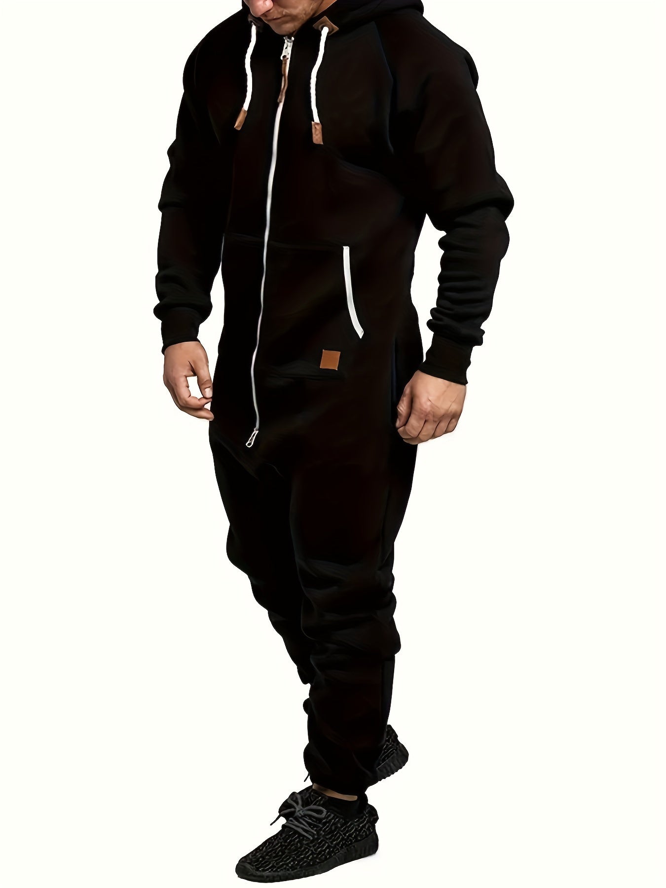 A Men's Hooded Fleece-lined Jumpsuit, Long Sleeve, Full Zip Jumpsuit with Kangaroo Pocket, Suitable for Spring Travel And Seaside Trips