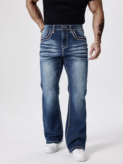 ESDVQ Men's Slim-Fit Classic Washed Denim Bell-Bottom Jeans - Mid-Stretch Machine-Washable Flared Pants with Suitable for All-Season Wear, Comfortable Stretchable Bell-Bottoms for Casual & Dressy Outfits