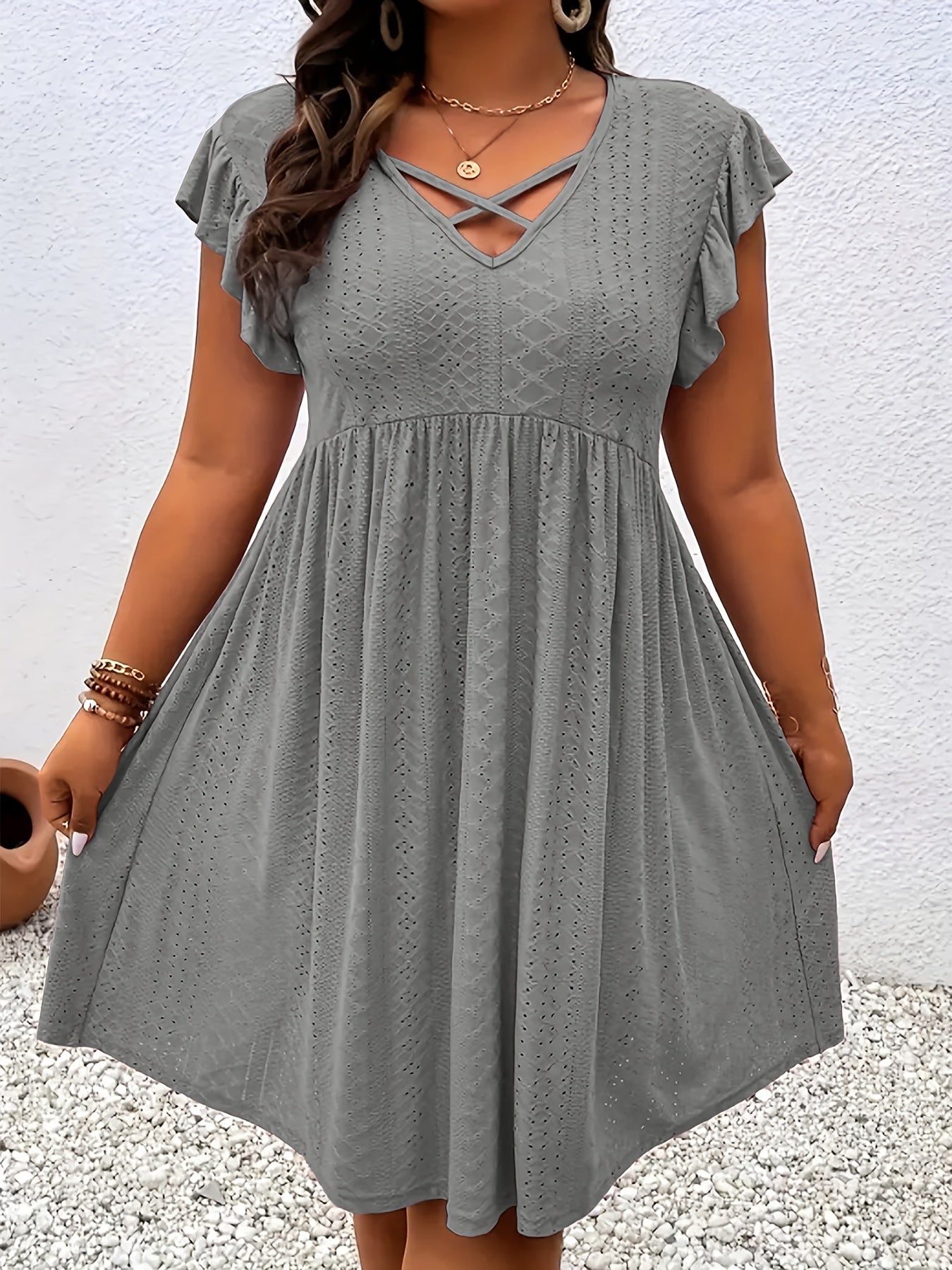 Plus Size - Summer Plus-Size Women'S Hollow-Out Embroidered Dress - Cross V-Neck with Ruffled Short Sleeves And a Flared Skirt, Made of Lightweight Breathable Fabric, Available in Sizes L-5XL, Suitable for Beach Or Casual Wear