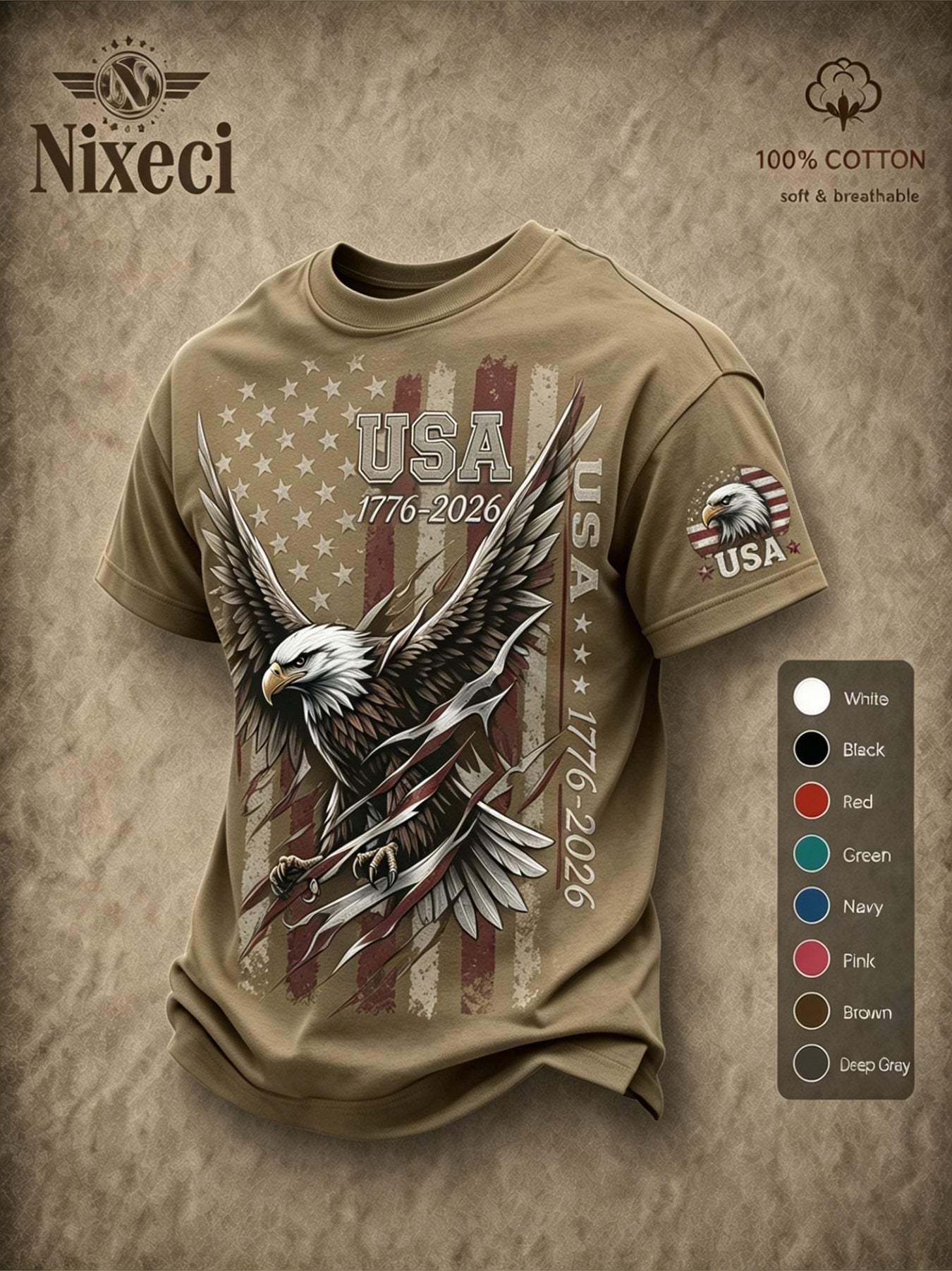 Nixeci 180G Pure T-Shirt Men'S Summer Loose Fit Crewneck Short Sleeve Vintage Patriotic American Flag Bald Eagle Graphic Print Independence Day Daily Casual Outdoor Tee