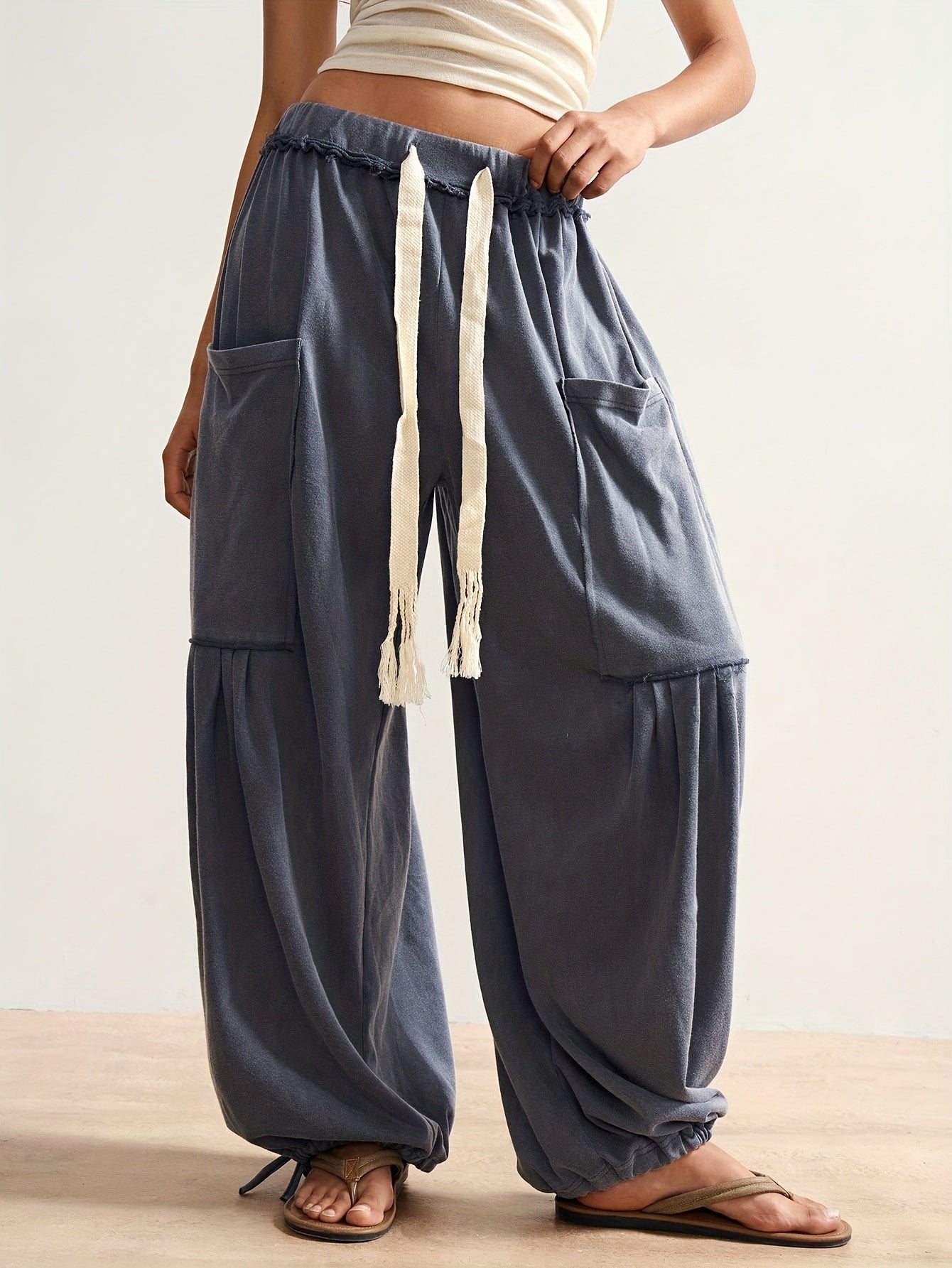 Spring and Summer Women's Bohemian Style Independence Day Leisure Vacation Solid Color Loose Women's Pants, Daily Festival Home Indoor Comfortable Wear