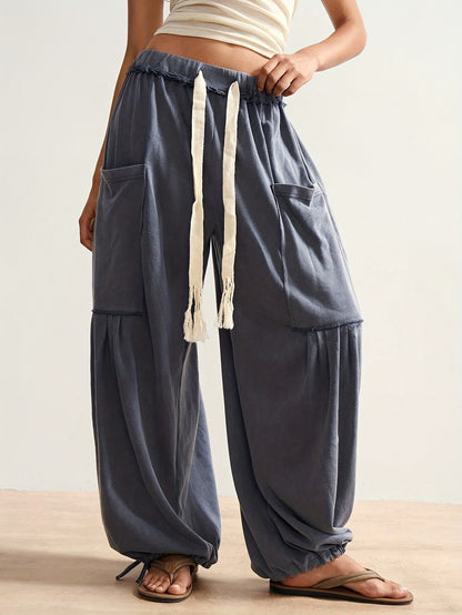 Spring and Summer Women's Bohemian Style Independence Day Leisure Vacation Solid Color Loose Women's Pants, Daily Festival Home Indoor Comfortable Wear