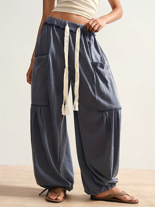 Spring and Summer Women's Bohemian Style Independence Day Leisure Vacation Solid Color Loose Women's Pants, Daily Festival Home Indoor Comfortable Wear