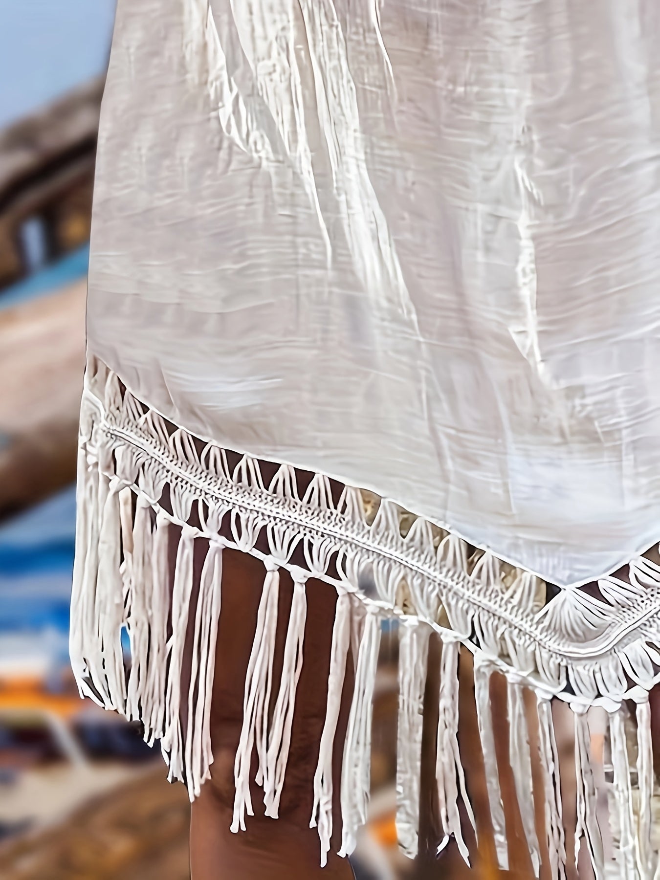 Women's Summer Vacation Style Hand Hook Splicing Color Thread Splicing Fringe V-neck Pullover Hollowed Out Beach Bikini Smock Skirt