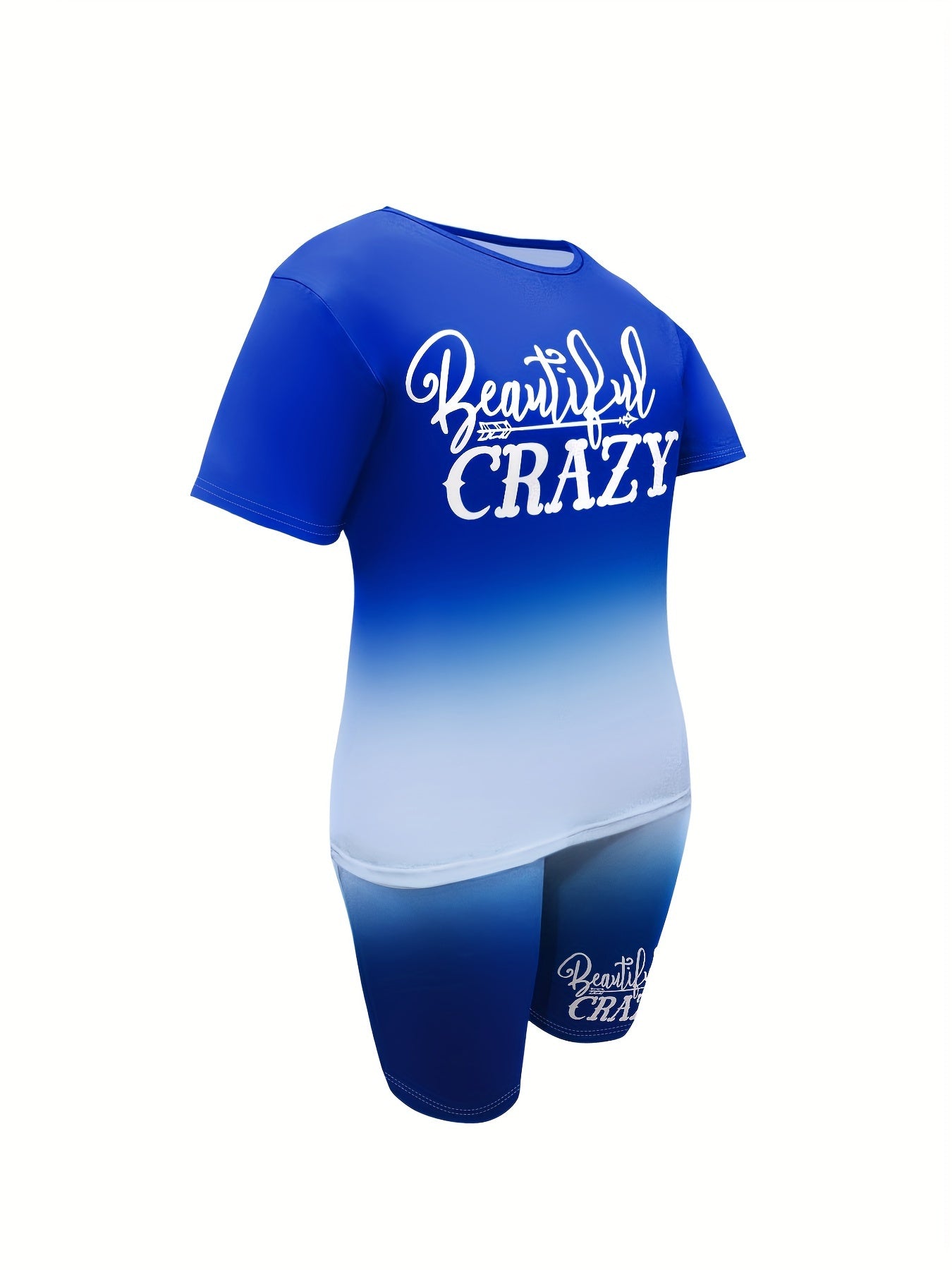 Plus Size Beautiful Crazy Print Casual Shorts Set, Crew Neck Short Sleeve Top & Shorts Outfits For Spring & Summer, Women's Plus Size Clothing