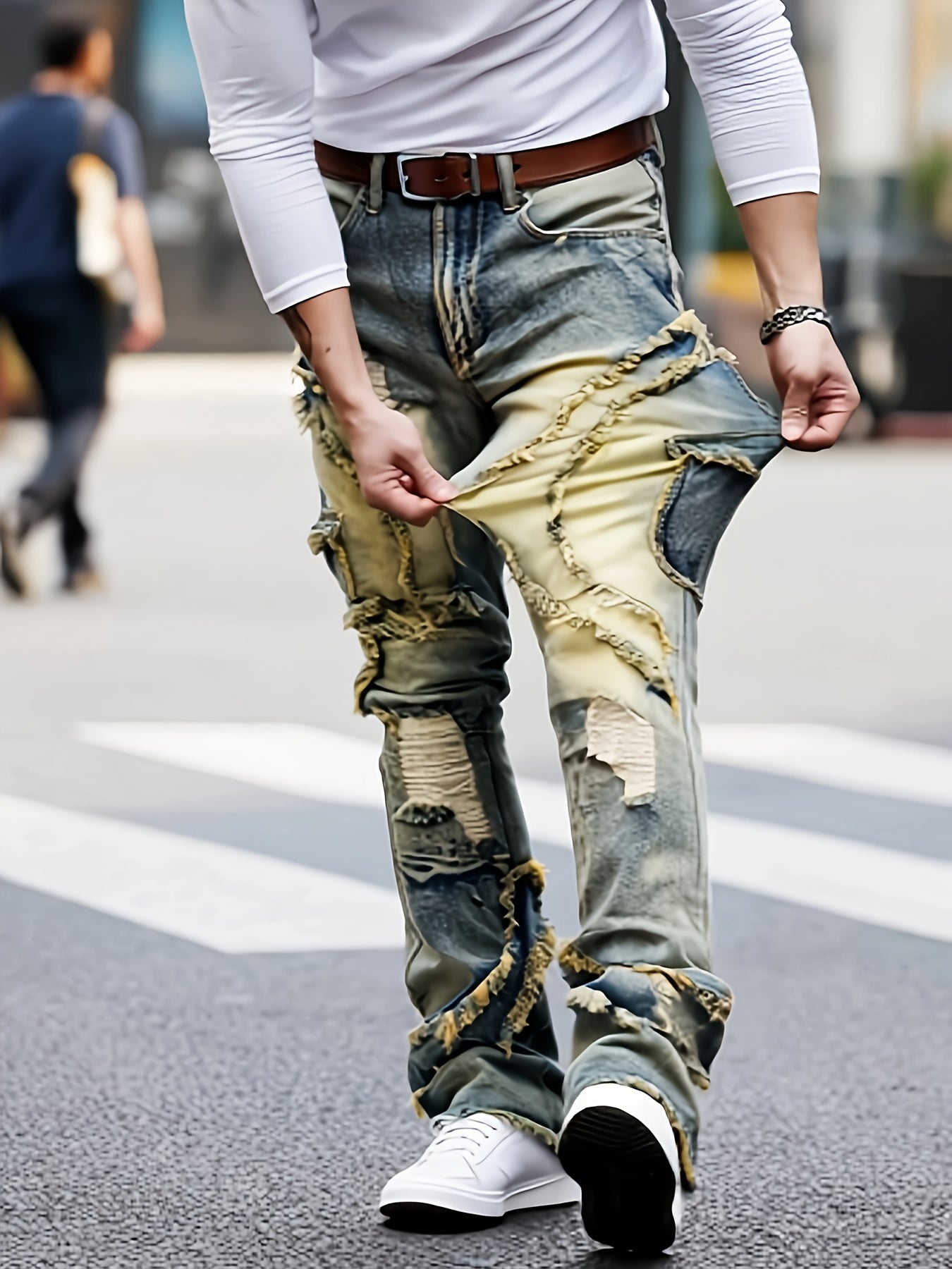 [HME] Men's Slim-fitting Straight-leg Jeans with A Patchwork Embroidery And Random Stitching Design, Fashionable And Versatile, Street Retro Style, Elastic Denim with Cotton Fabric, Heavy Washed And Nostalgic Snowflake Denim, Classic And Retro