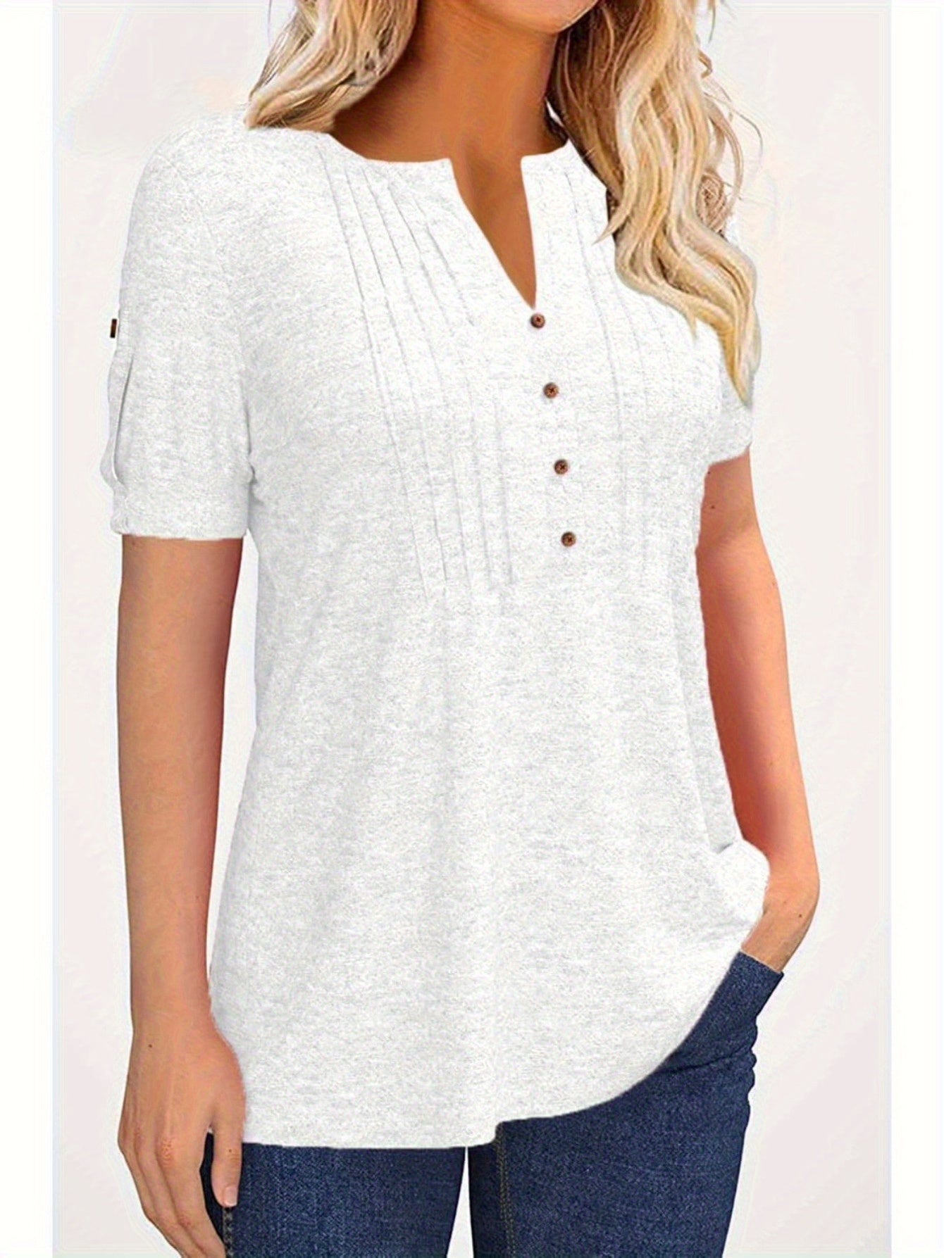 Casual Short-Sleeve Blouse for Women with a Solid Color, Featuring a Pleated Design, Buttoned V-Neck, And a Zipper