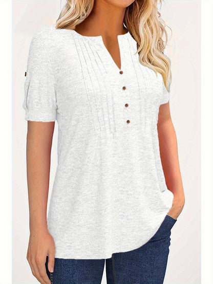 Casual Short-Sleeve Blouse for Women with a Solid Color, Featuring a Pleated Design, Buttoned V-Neck, And a Zipper