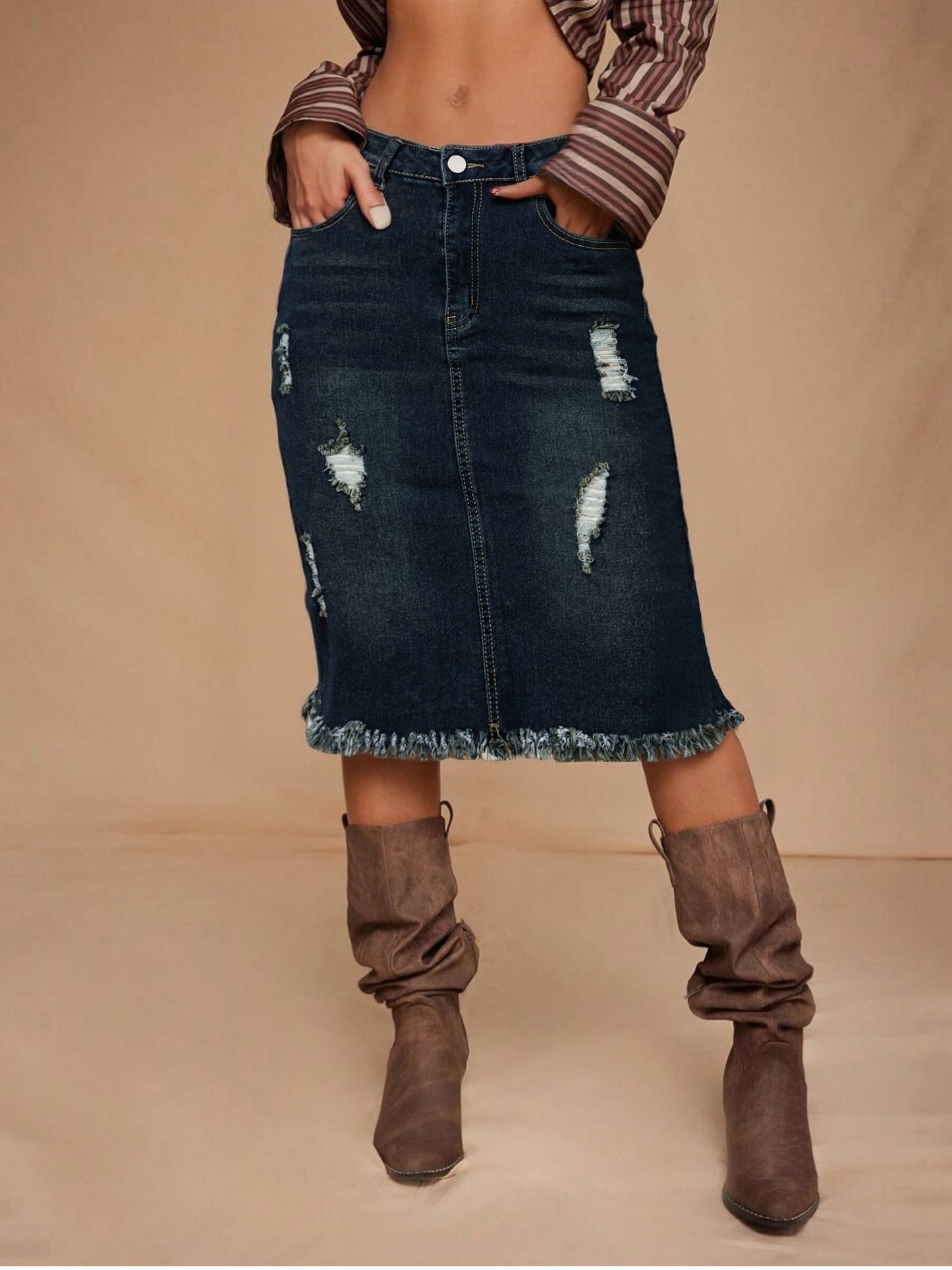Women's Navy Color Denim Printed Skirt - product view 3