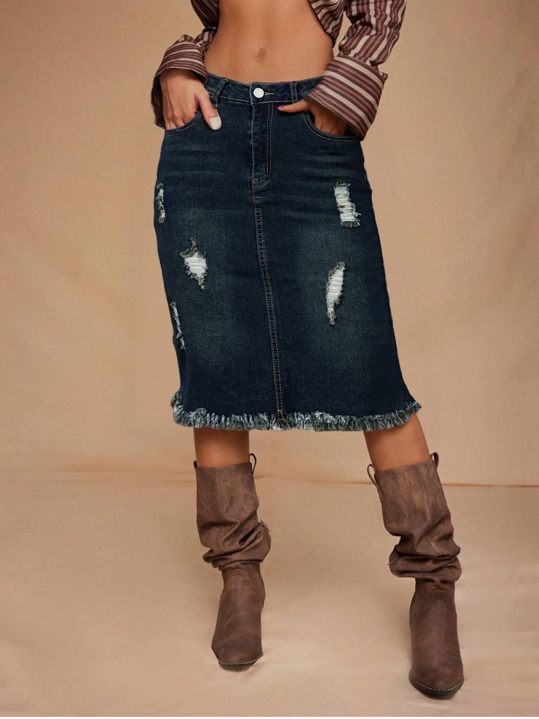 Women's Navy Color Denim Printed Skirt - product view 3