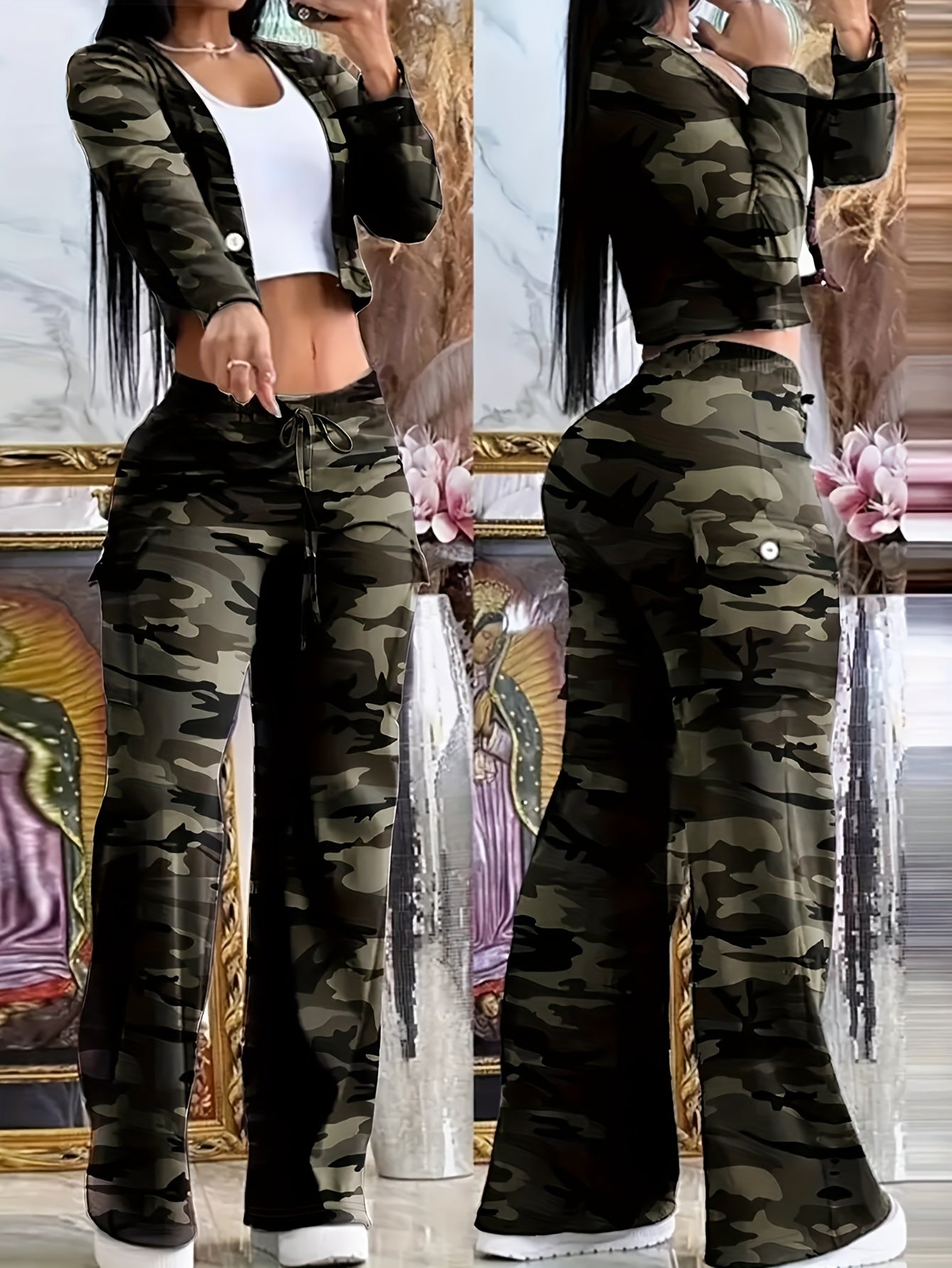 2pcs Set for Women, Trendy Green Cardigan And Camouflage Cargo Pants, Seasonal Fashion Set, V-Neck Button-Up Top, Belt-Waist, Elegant And Casual 21St-Century Style Spring And Winter Clothing, Vacation, New Year, Valentine'S Day Women'S Set