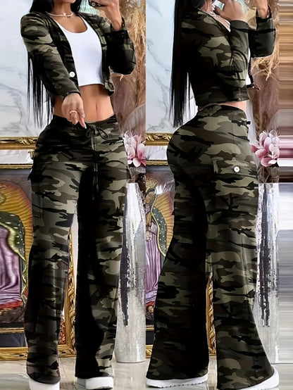 2pcs Set for Women, Trendy Green Cardigan And Camouflage Cargo Pants, Seasonal Fashion Set, V-Neck Button-Up Top, Belt-Waist, Elegant And Casual 21St-Century Style Spring And Winter Clothing, Vacation, New Year, Valentine'S Day Women'S Set
