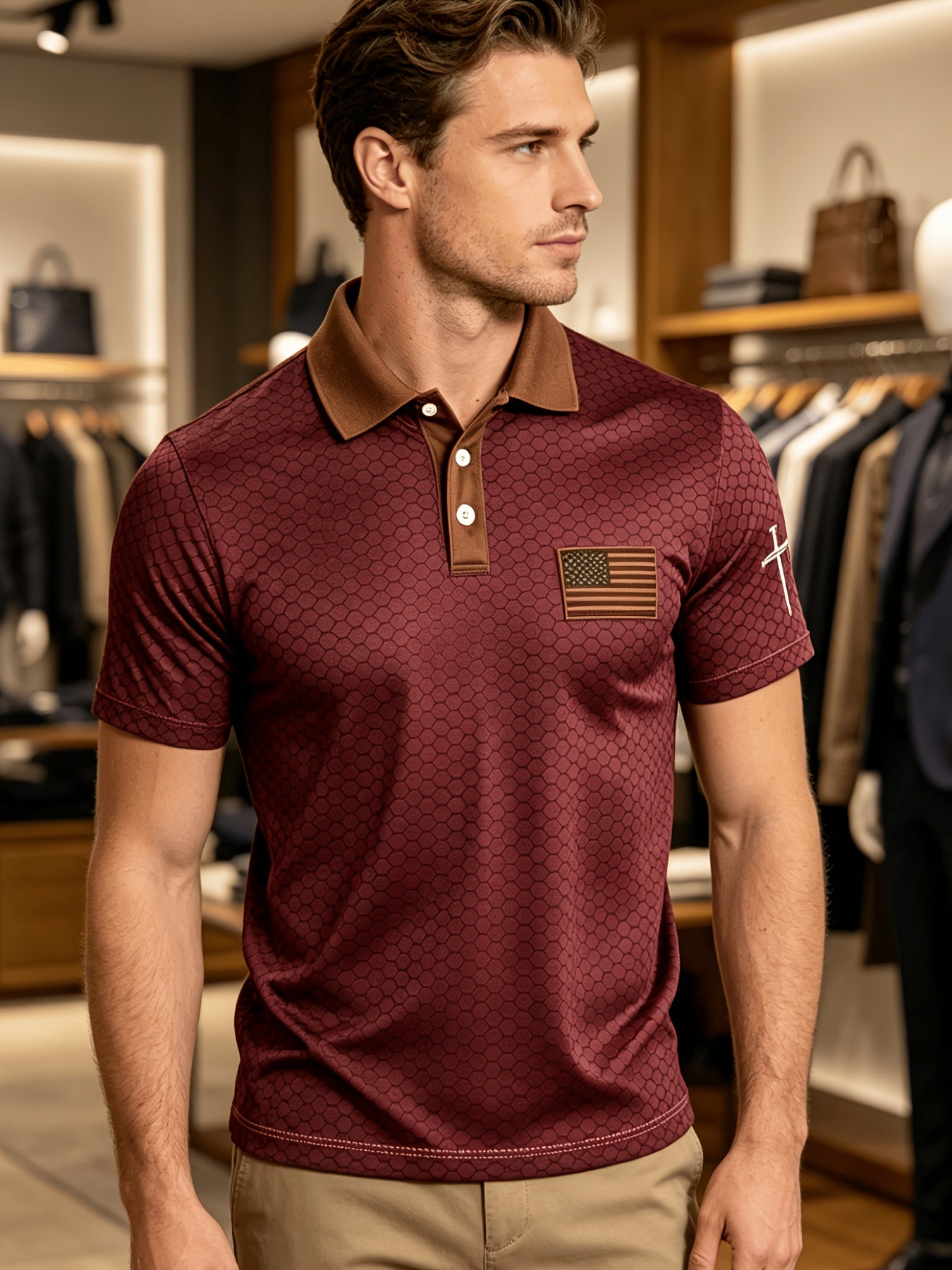 American Flag Gradient Cross Print Polo Shirt for Men's Casual Lapel Short Sleeved Patriotic Themed Commuting Top, American Flag Armband Contrasting Striped Short Sleeved Casual Business Lapel Top