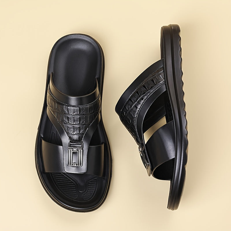 Men's Textured Slide Sandals, Crocodile-Print Straps with Metal Buckle - Minimalist Summer Shoes for Resort & Lounge