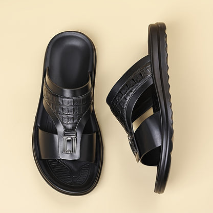 Men's Textured Slide Sandals, Crocodile-Print Straps with Metal Buckle - Minimalist Summer Shoes for Resort & Lounge