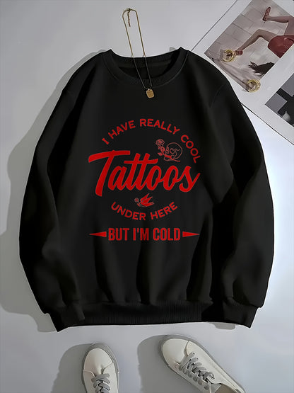 Oversized, Relaxed-Fit Pullover Featuring Tattoo Designs And Slogans - "I Have A Really Cool Tattoo" in Red And White Text, Gray Casual Sweater with a Crew Neck And Long Sleeves, Perfect for Tattoo Enthusiasts