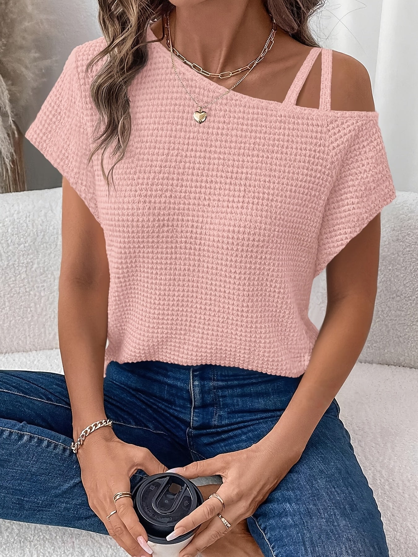 Women'S Summer Off Shoulder Waffle Short Sleeve T-Shirt Solid Color Top