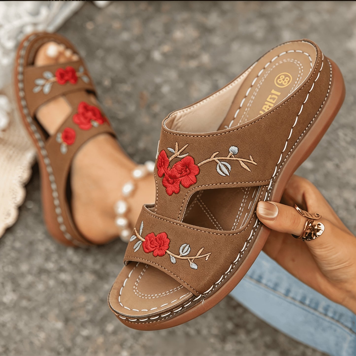 Women's Rose Embroidery Wedge Slide Sandals • Thick Sole Comfortable Casual Summer Outdoor Walking Sandals • Women Shoes for Daily Wear