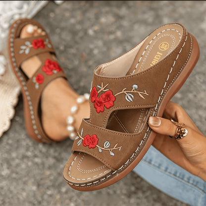 Women's Rose Embroidery Wedge Slide Sandals • Thick Sole Comfortable Casual Summer Outdoor Walking Sandals • Women Shoes for Daily Wear