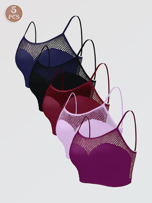 5pcs Multi-Color Seamless Sexy Hollow Out Breathable Fishing Net Outer Wear Daily Bra And Seamless Adjustable Straps Casual Ladies Camisole Tank Bra