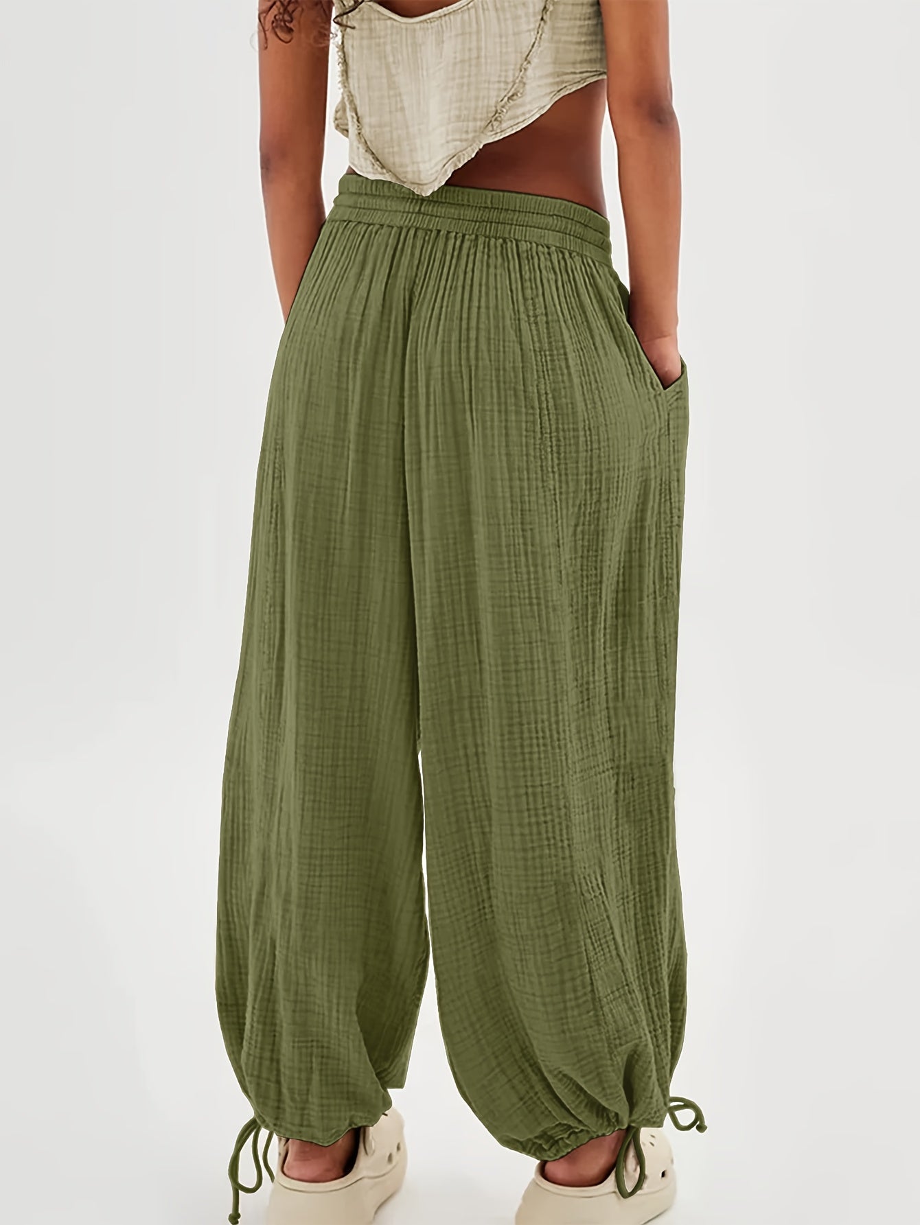 Autumn And Winter Women's Casual Pants, Khaki, Pockets, Wide Legs, Drawstring, Loose Fit, Everyday Commuting Wide-leg Pants.