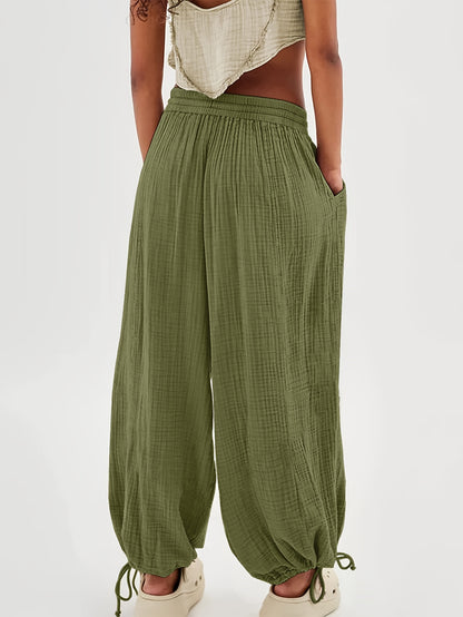 Autumn And Winter Women's Casual Pants, Khaki, Pockets, Wide Legs, Drawstring, Loose Fit, Everyday Commuting Wide-leg Pants.